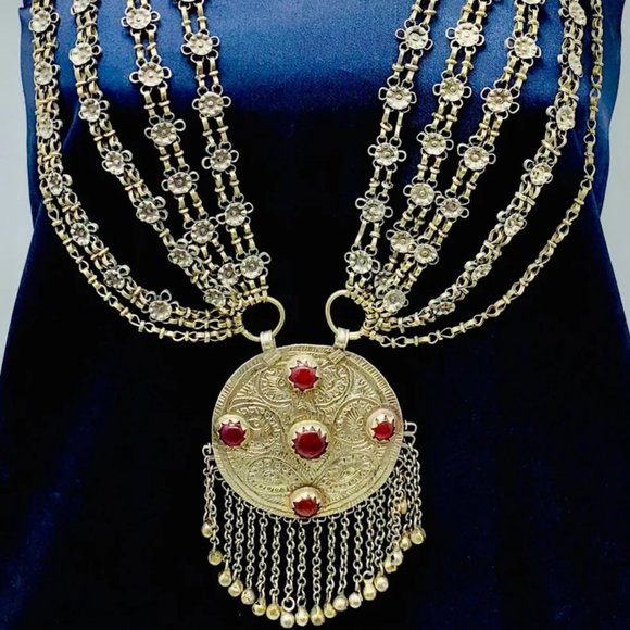 Tribal Ethnic Silver Kuchi Multilayer Necklace With Big Pendant, Handmade Pure - Picture 2 of 13